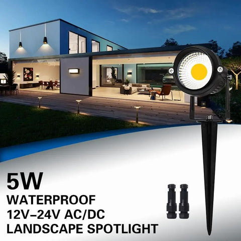5W LED spotlight illuminating modern house, 12V-24V AC/DC, showcasing 10 Pack 5W Outdoor LED Landscape Spotlights, 5000K Daylight Brightness For Flags And Gardens, Waterproof Low Voltage 12V-24V AC DC Yard Light, 500 Lumen Flag Pole Lighting For Lawn And Patio Dope Lighting