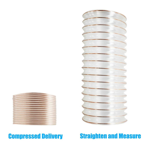 8 Inch Dust Collection Hose 20ft Flexible Collector Hose compressed and extended for woodworking and garage use.
