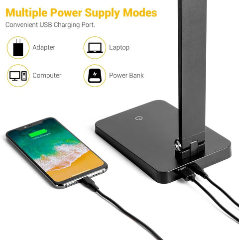 Eye Friendly Led Desk Lamp For Home Office With Usb Charging Port Three Level Dimmable Light No Flicker Blue Light Free Compact Reading And Study Table Lamp Black Finish 5000K Cool White with phone charging at base