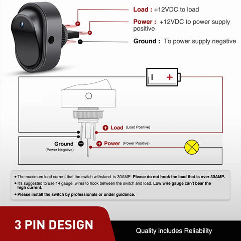 Diagram of Five Pack LED Lighted Rocker Switch Set 12V Blue LED Illuminated Toggle On Off 30A 3Pin SPST Oval 12mm
