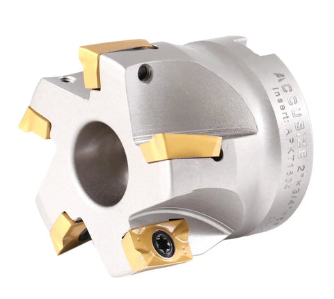 Two Inch By Three Quarter Inch 90 Degree Square Shoulder Indexable Face Mill With APKT1604 Carbide Inserts Installed, Nickel Plated Body, Three Quarter Inch Arbor Hole, One And Three Quarters Inch Overall Length, A Real Workhorse For Precision Milling