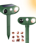Solar Powered Ultrasonic Animal Repellent For Outdoor Yards And Gardens With Motion Sensor And Strobe Light Dual Mode Audible Alarm Or 25KHz Ultrasonic Deterrent Weatherproof Critter Shield Against Rodents Coyotes And Raccoons, green ABS stake