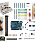 All In One Electronics Kit With UNO R3 Compatible Board Power Supply Module 480 Pcs Of Components 830 Tie Point Breadboard Jumper Wires Potentiometer Resistors LEDs And More For Prototyping And Learning laid out on a white surface