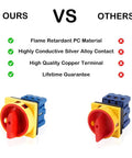 Comparison of 2 Position Changeover Rotary Switch SYW30 25A 660V With 6 Terminals showing flame retardant material and silver alloy contact