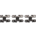 3 Pack Mini Invisible Door Hinges 43mm Cross Hinge With 180 Degree Opening For Cabinets And Jewelry Boxes Zinc Alloy Hidden Hinges Durable And Sturdy Smooth Operation Easy Install, front view of three hinges.