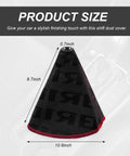 SHMZK black fabric car shift boot cover, side view with red stitching, 8.7in tall and 10.6in base diameter