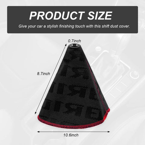 SHMZK black fabric car shift boot cover, side view with red stitching, 8.7in tall and 10.6in base diameter