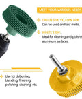 Green 50# and yellow 80# bristle discs on drill; Six Pack Two Inch Bristle Disc Set With One Quarter Inch Shank Grit 50 80 120 For Metal Deburring