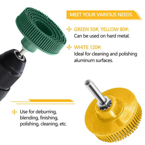 Green 50# and yellow 80# bristle discs on drill; Six Pack Two Inch Bristle Disc Set With One Quarter Inch Shank Grit 50 80 120 For Metal Deburring