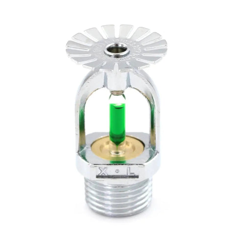 Top Shelf Five Pack Pendent Fire Sprinkler Heads With 1/2 Inch Thread 199 Degree Fahrenheit Rated Green Glass Bulbs And Boss Level Nickel Finish including detailed view of a green glass bulb.