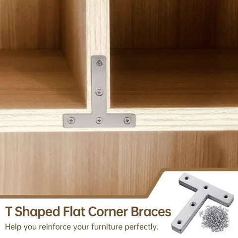 Twenty Piece Flat Corner Braces Kit With 3.1 By 3.1 Inch T Shaped Shelf Brackets And Screws mounted on wood shelf