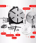Built Tough Six Inch Three Jaw Chuck Dividing Head For Horizontal Or Vertical Use With Cnc Milling Rotational Axis And One To Ninety Ratio Heavy Duty Cast Iron Indexer with 3-jaw chuck and components.