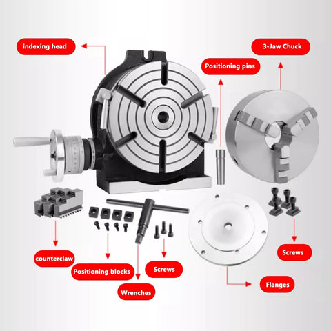 Built Tough Six Inch Three Jaw Chuck Dividing Head For Horizontal Or Vertical Use With Cnc Milling Rotational Axis And One To Ninety Ratio Heavy Duty Cast Iron Indexer with 3-jaw chuck and components.