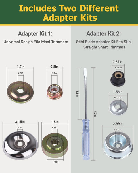 Image of two adapter kits for Steel Wire Trimmer Head With 8 Inch Unbreakable Blades, showing various components and measurements.
