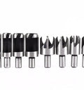 Top Shelf Eight Piece Wood Plug Cutter Set With Straight And Tapered Chamfer Drill Bits For Precision Woodworking Joinery Projects, eight high carbon steel bits