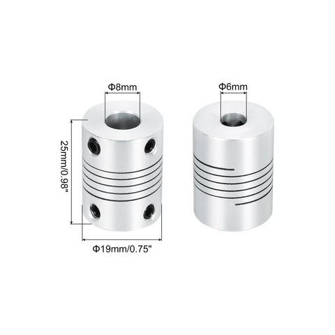 Drop In Flexible Aluminum Shaft Couplings 6mm To 8mm 25mm Long 19mm OD 4 Pack For 3D Printers CNC Machines Stepper Motors Encoders And DIY Robots Shaft Joint Connectors, 6mm and 8mm bores