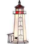 Peggy's Cove Lighthouse Tiffany Style Stained Glass Accent Table Lamp Night Light for Home Decor 6 By 6 By 12 Inches Red With LED Bulbs Included Warm White Glow