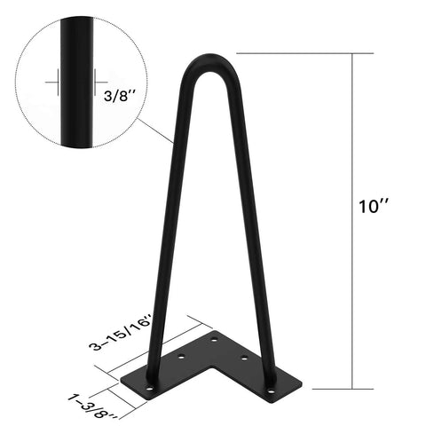 10 Inch Black Hairpin Furniture Legs 4 Pieces Heavy Duty Metal Table Desk Legs With Screws And Bonus Rubber Floor Protectors Supports Up To 300 Lbs Rust Resistant Powder Coat Finish For DIY Furniture Makeovers. Single hairpin leg with dimensions.