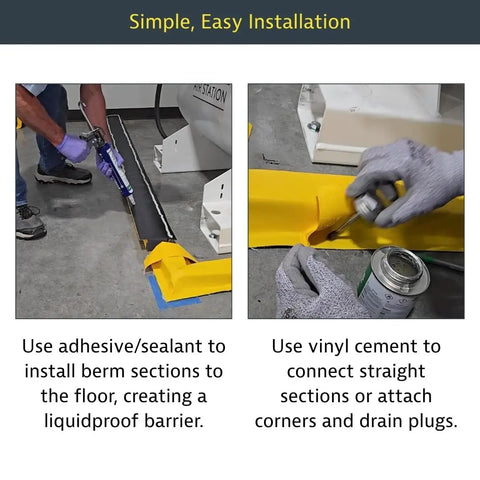 Installation of Make-A-Berm Fuel Spill Containment Curbs Kit, 15 Feet Long And 1.5 Inches High Straight Sections, Custom Chemical Spill Berm System In Yellow PVC Coated Fabric With Crush Resistant Foam Walls Built For Stationary Equipment And Your Gear Made In USA