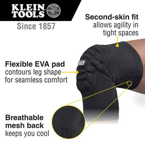 All Day Comfort Lightweight Knee Pads With Padded Sleeves, close-up of breathable mesh back and flexible EVA pad, black.