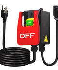 No Sweat Workshop Rig 120V Magnetic Knee Activated Emergency Stop Switch With 5.5 Foot Cord showing safety button and plug.
