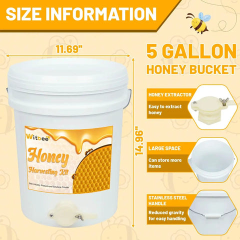 5 gallon honey bucket with leak-proof gate and airtight lid, labeled for beekeeping, part of Two Pack 5 Gallon Honey Buckets kit