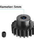 19T gear from Mod 1 Hardened Steel RC Motor Pinion Gear Set, 5mm shaft, close-up with diameter label, part of 5-pack for 1/8 scale cars
