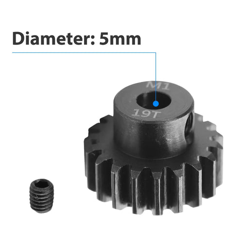19T gear from Mod 1 Hardened Steel RC Motor Pinion Gear Set, 5mm shaft, close-up with diameter label, part of 5-pack for 1/8 scale cars