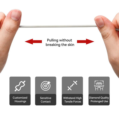 Hands pulling a durable wire with icons for customized housings, sensitive contact, high tensile forces, and diamond quality use.