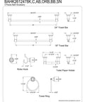 Technical drawing of Provence 5-Piece Bathroom Hardware Set in Brushed Brass with dimensions for towel bars, ring, hook, holder.