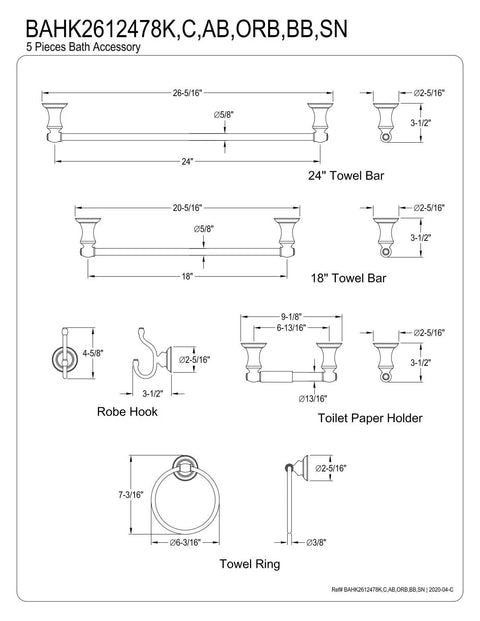 Technical drawing of Provence 5-Piece Bathroom Hardware Set in Brushed Brass with dimensions for towel bars, ring, hook, holder.