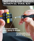 Close-up of 36 Piece Terminal Pin Removal Tool Kit With Housing Depinning Tools removing wires from connector.