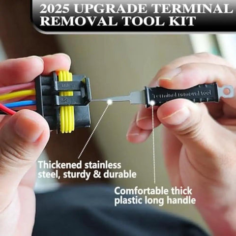 Close-up of 36 Piece Terminal Pin Removal Tool Kit With Housing Depinning Tools removing wires from connector.