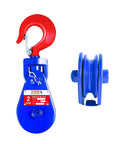 Beefy 2 Ton Snatch Block With Swivel Hook 3 Inch Sheave For Three Eighths Inch Wire Rope Heavy Duty Snatch Pulley With 4400 Lb Working Load Limit For Quick Towing And Recovery On Rollback Wrecker And Car Hauler Winches, blue and red