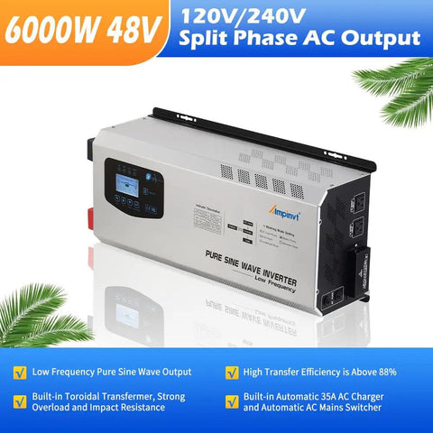 Heavy Duty 6000 Watt Pure Sine Wave Off Grid Power Inverter With Built In Battery Charger And Auto Transfer Switch 48V Dc To 120V 240V Ac Split Phase Rock Solid Backup with digital display.
