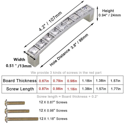 Six Pack U Shape Crystal Glass Drawer Pull Knobs For Cabinets And Dressers With Zinc Alloy Base, 3.8 Inch Hole Distance Diagram