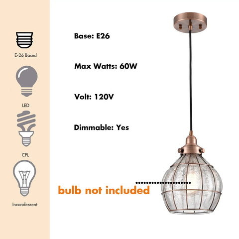 Red Antique Copper Glass Pendant Light With Cracked Glass Shade, Dope Dimmable Hanging Fixture For Kitchen Island, Dining Room, Foyer And Bedroom, E26 Base, 60W Max, Hardwired, Bulb Not Included