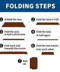 Folding steps for Heavy Duty Waterproof 12 Mil Safety Reversible Tarp Cover with visuals of brown tarp folding sequence.