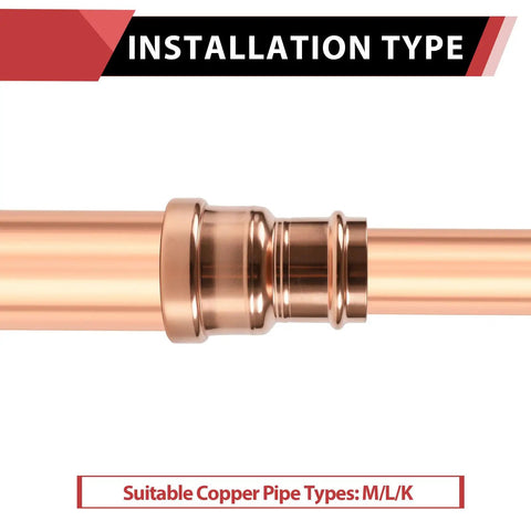 Straight Up Pro Grade Copper Press Coupling Reducer 5 Pack Fits 4 To 2 Inch Pipe close-up of installation type for M, L, K tubes.