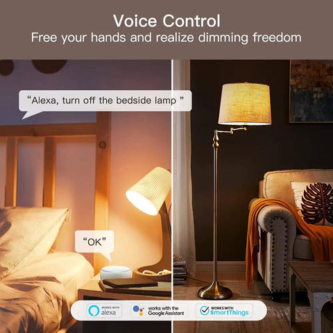 Smart Dimmer Plug For Dimmable Lamps And Lights, 300W Max, Dual Outlets, Voice control demonstration with bedside and floor lamps