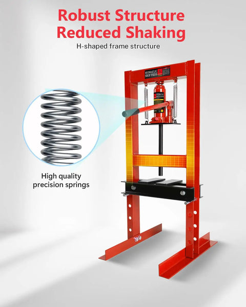Front view of 6 Ton Hydraulic Shop Press Heavy Duty H Frame Garage Press With Adjustable Worktable And Stamping Plates, showing springs.
