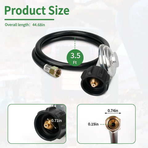 Propane Gas Hose With Low Pressure Regulator 3.5 Feet Long 3/8 Inch Female Flare Nut QCC1 Compatible shown coiled with close-ups.