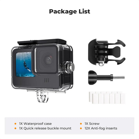 Package list showing components of 60M Waterproof GoPro Case For Hero 13 Black And Hero 12 11 10 9 Protective Underwater Housing