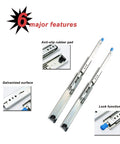 Beefy 3-Fold Drawer Slides With Full Extension 950mm showing lock function, galvanized surface, and anti-slip rubber pad