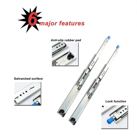 Beefy 3-Fold Drawer Slides With Full Extension 950mm showing lock function, galvanized surface, and anti-slip rubber pad