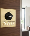 Wall-mounted control panel with rotary switch and buttons in a modern living room.