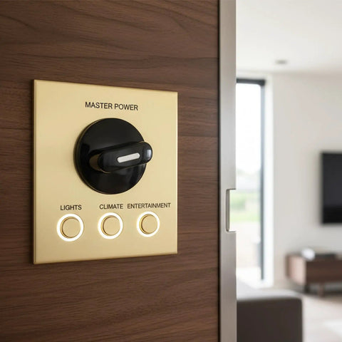 Wall-mounted control panel with rotary switch and buttons in a modern living room.