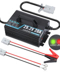 Beefed Up 24V LiFePO4 Battery Charger With 29.2V Output 20A For 25.6V LiFePO4 Packs In RV Boat Truck Marine And Solar 0V Wake Up LED Indicator And 3 Connectors For Easy Plug And Charge, showing charger, connectors, and LED indicator