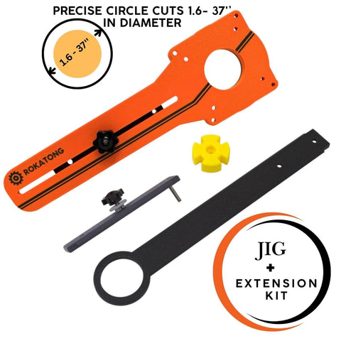 Circle Cutting Jig For Trim Routers, Your Go To Tool For Perfect Circular Cutouts Every Time, Adjustable Radius From 1.6 Inches To 37 Inches, Universal Fit For Popular Routers, Woodworking Tool With Clean Edges And Repeatable Results, Made In USA. Complete jig and extension kit.