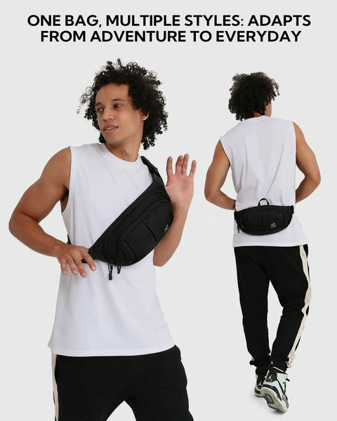 All Day RFID Blocking Fanny Pack With Extender Strap 2.5L Crossbody Waist Pack worn in different styles by a model.